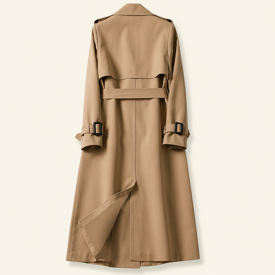 Damen Zweireihiger Trenchcoat mit Gürtel und Reverskragen sowie Ärmelriemen