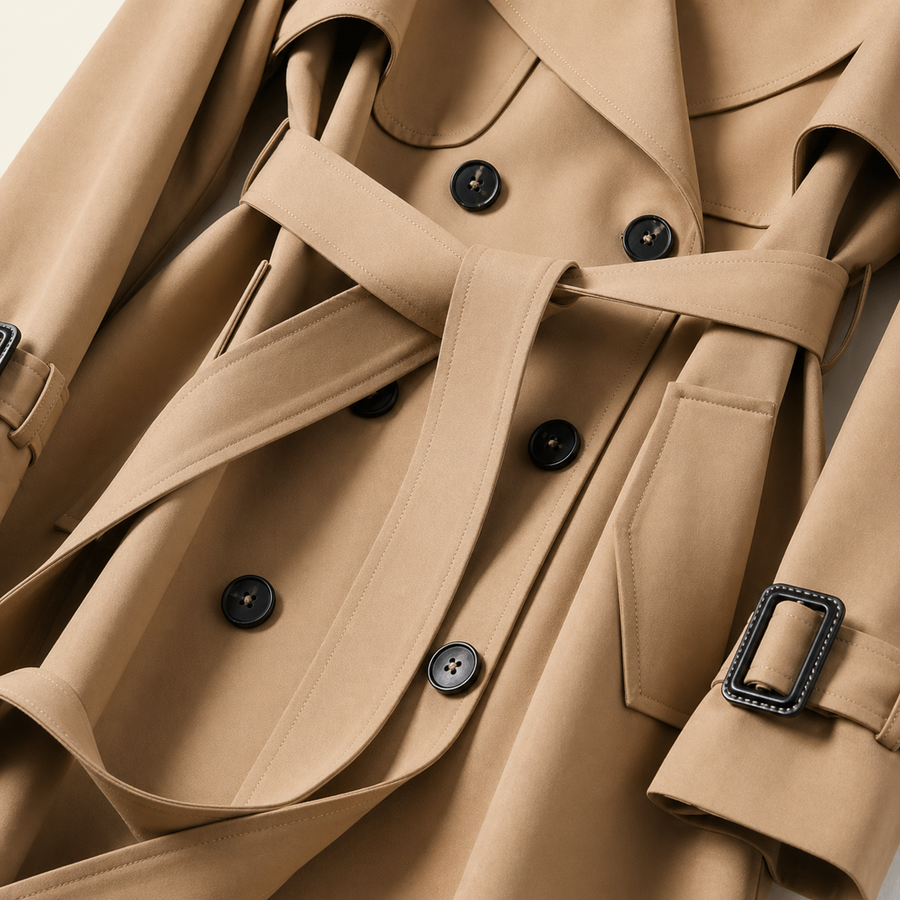 Damen Zweireihiger Trenchcoat mit Gürtel und Reverskragen sowie Ärmelriemen