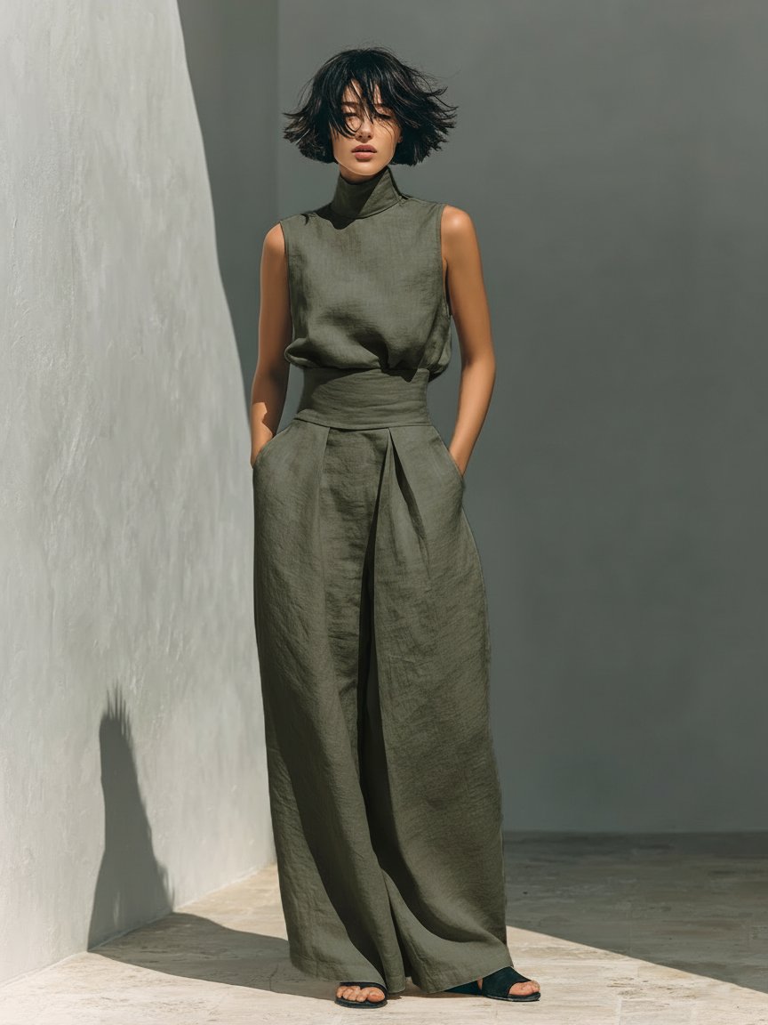 Luisa | Damen Zweiteiler Set Ärmellose Bluse Weite Hose Minimalistisch