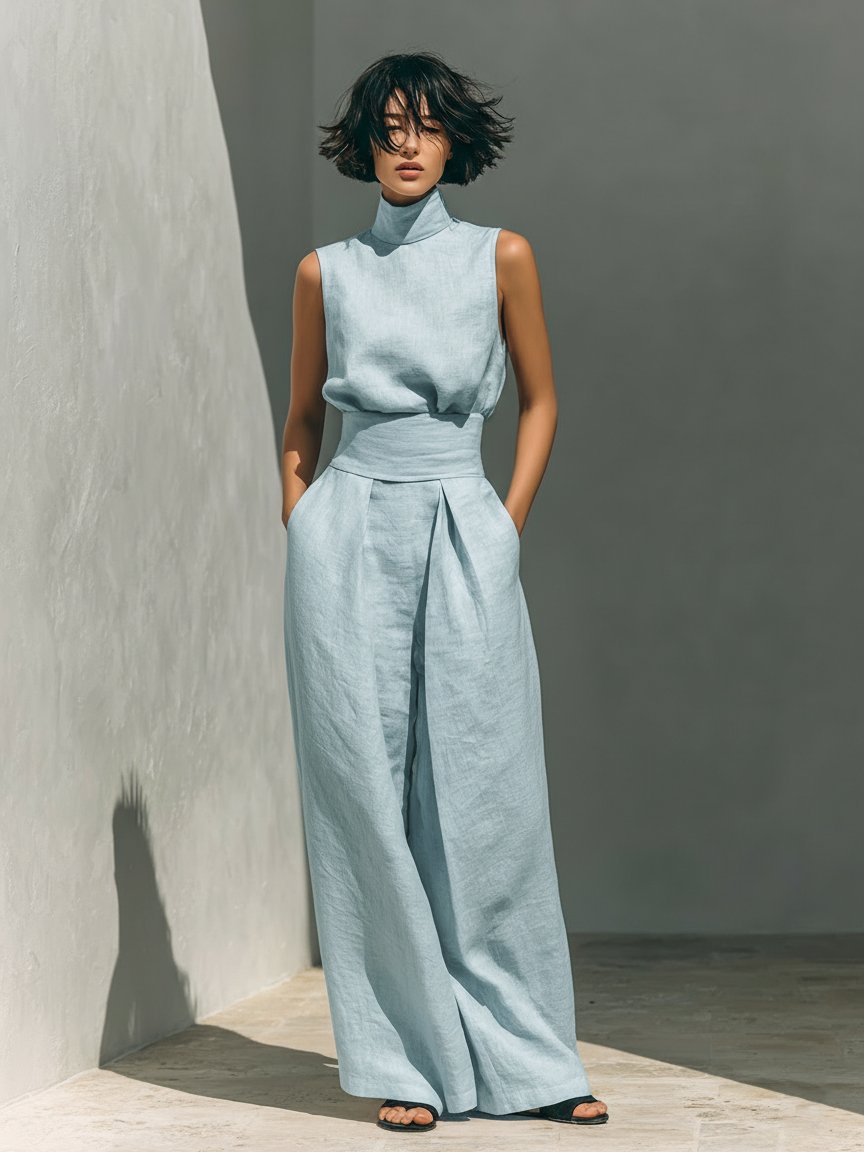 Luisa | Damen Zweiteiler Set Ärmellose Bluse Weite Hose Minimalistisch