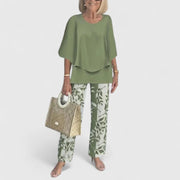Emilia | Damen Zweiteiliges Fledermaus-Top Botanik Weitbein-Hosen Set