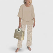 Emilia | Damen Zweiteiliges Fledermaus-Top Botanik Weitbein-Hosen Set