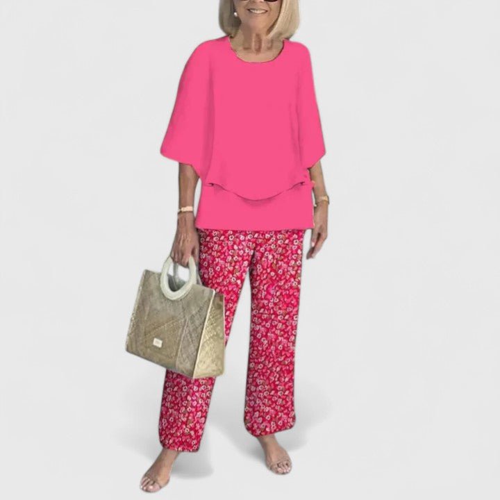 Emilia | Damen Zweiteiliges Fledermaus-Top Botanik Weitbein-Hosen Set