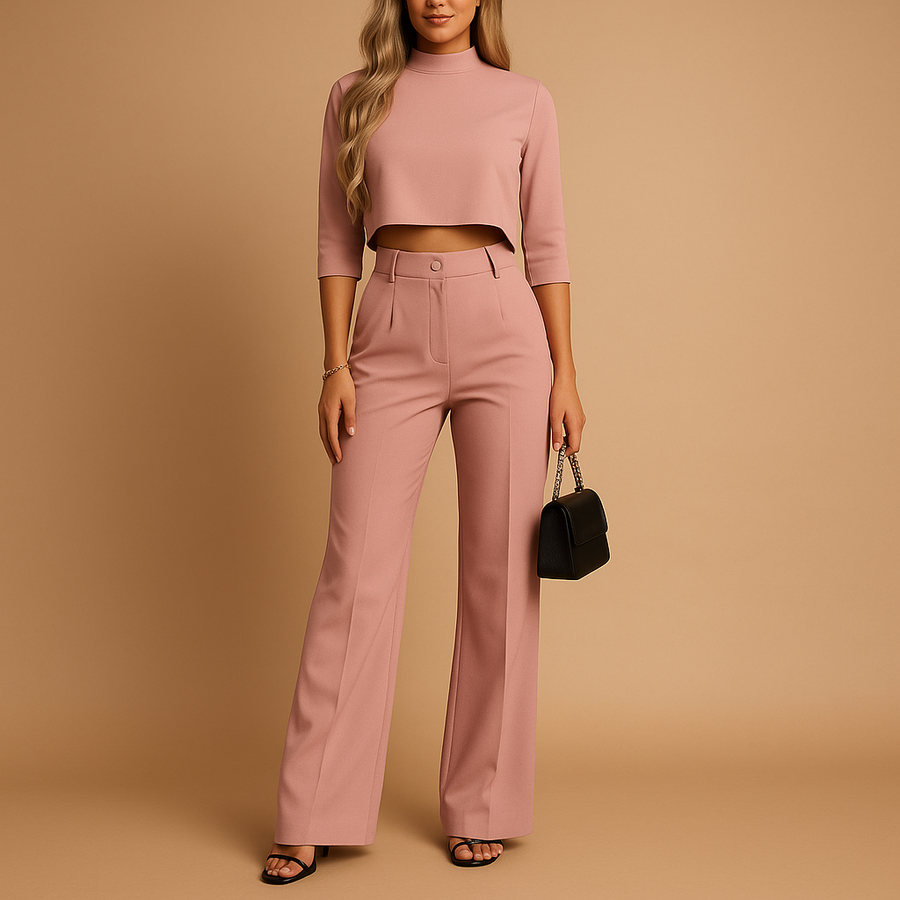 Damen Zweiteiliges Set mit Kurzem Langarm-Oberteil und Gerade Geschnittener Hose