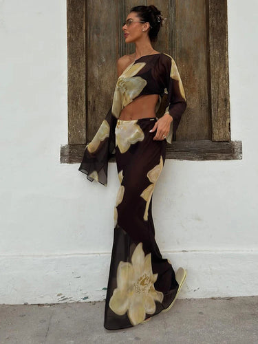 Damen zweiteiliges Set mit One-Shoulder-Top und langem Rock