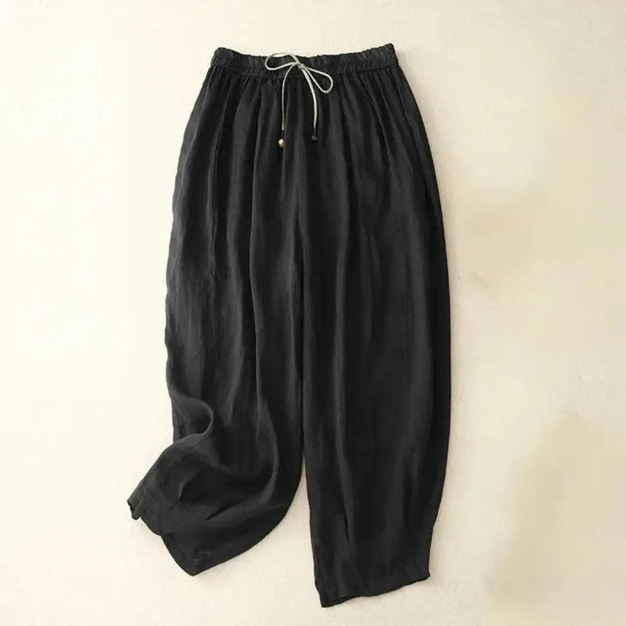 Damenhose mit hohem Bund, geradem Bein, Kordelzug und Seitentaschen