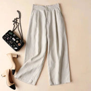 Damenhose mit hohem Bund, weitem Bein, Frontfalten und Seitentaschen