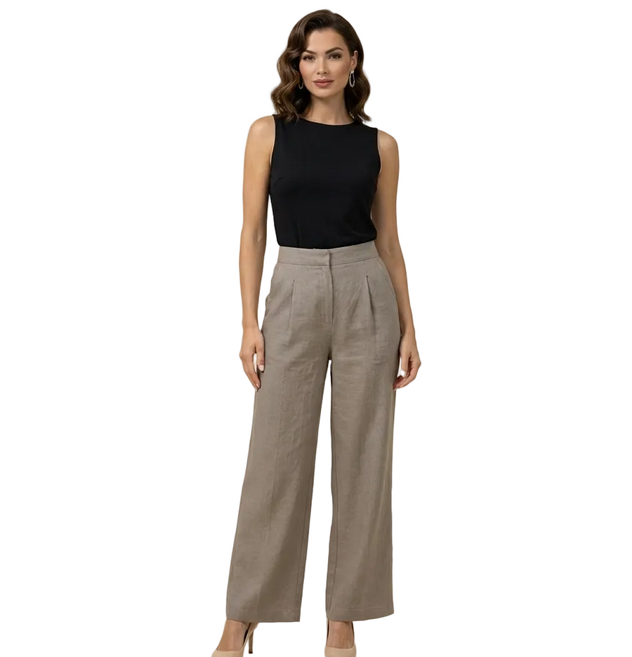 Damenhose mit hohem Bund, weitem Bein, Frontfalten und Seitentaschen