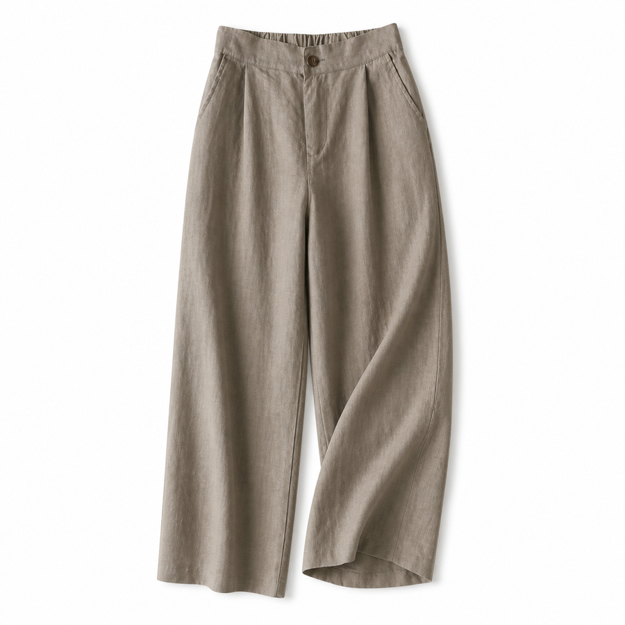 Damenhose mit hohem Bund, weitem Bein, Frontfalten und Seitentaschen