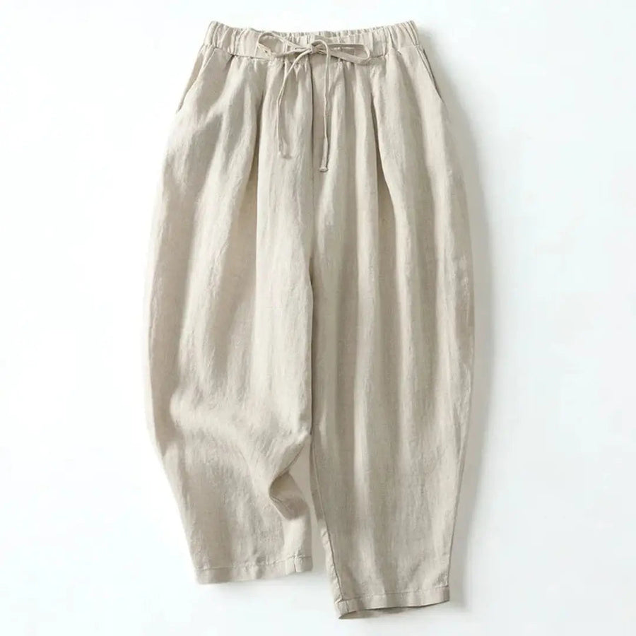 Damenhose mit hohem Bund, weitem Bein, Kordelzug und Seitentaschen