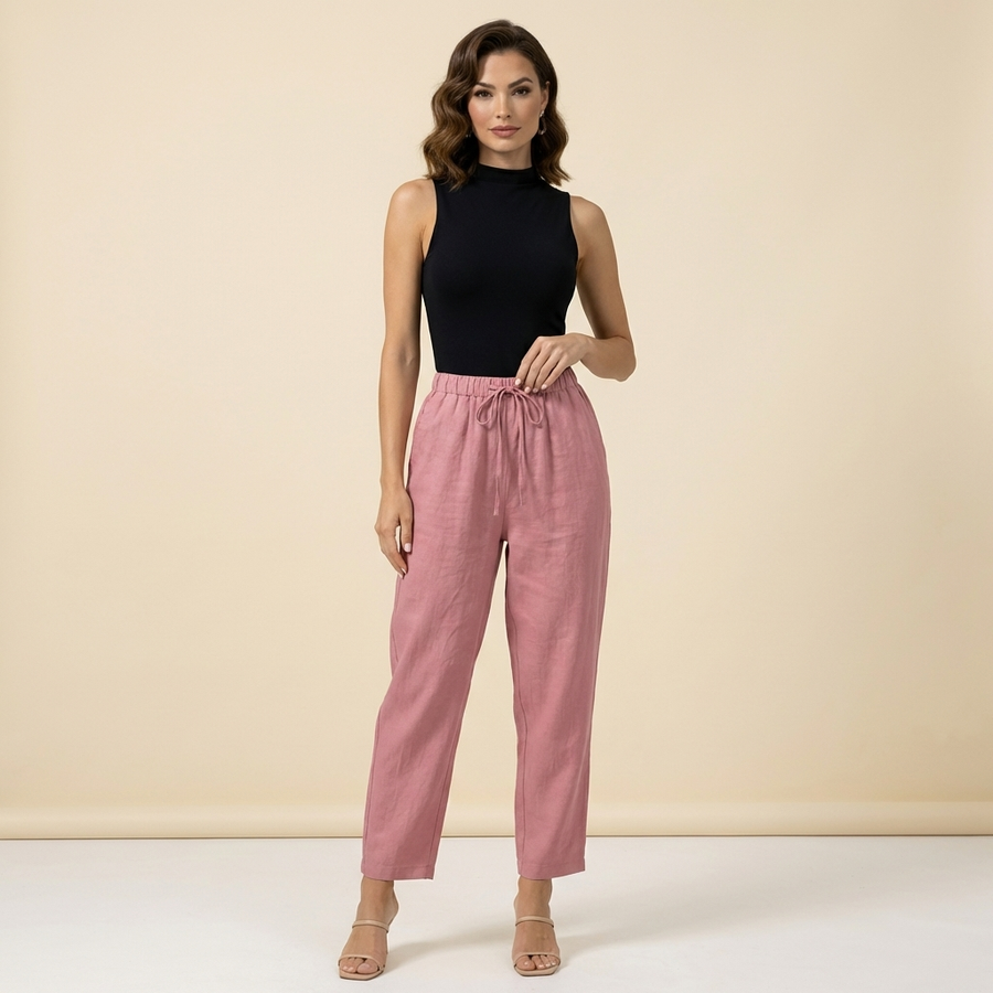 Damenhose mit hohem Bund, weitem Bein, Kordelzug und Seitentaschen