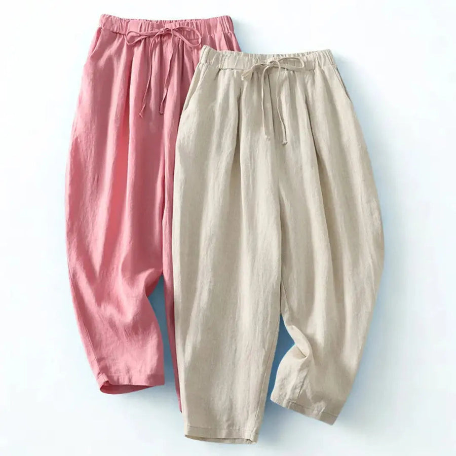 Damenhose mit hohem Bund, weitem Bein, Kordelzug und Seitentaschen