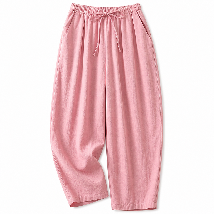 Damenhose mit hohem Bund, weitem Bein, Kordelzug und Seitentaschen