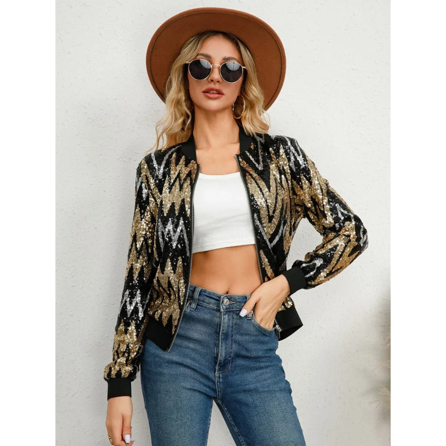 Damen bomberjacke mit Paillettenmuster und Reißverschluss schwarz-gold