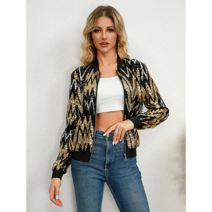 Damen bomberjacke mit Paillettenmuster und Reißverschluss schwarz-gold