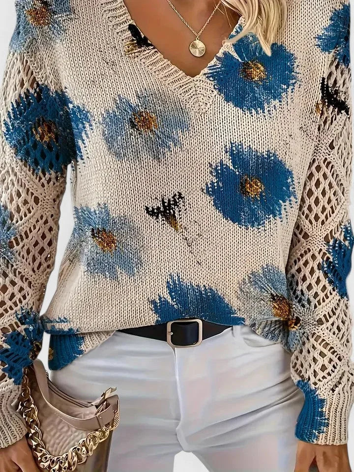 Damenpullover mit Floralmuster und V-Ausschnitt