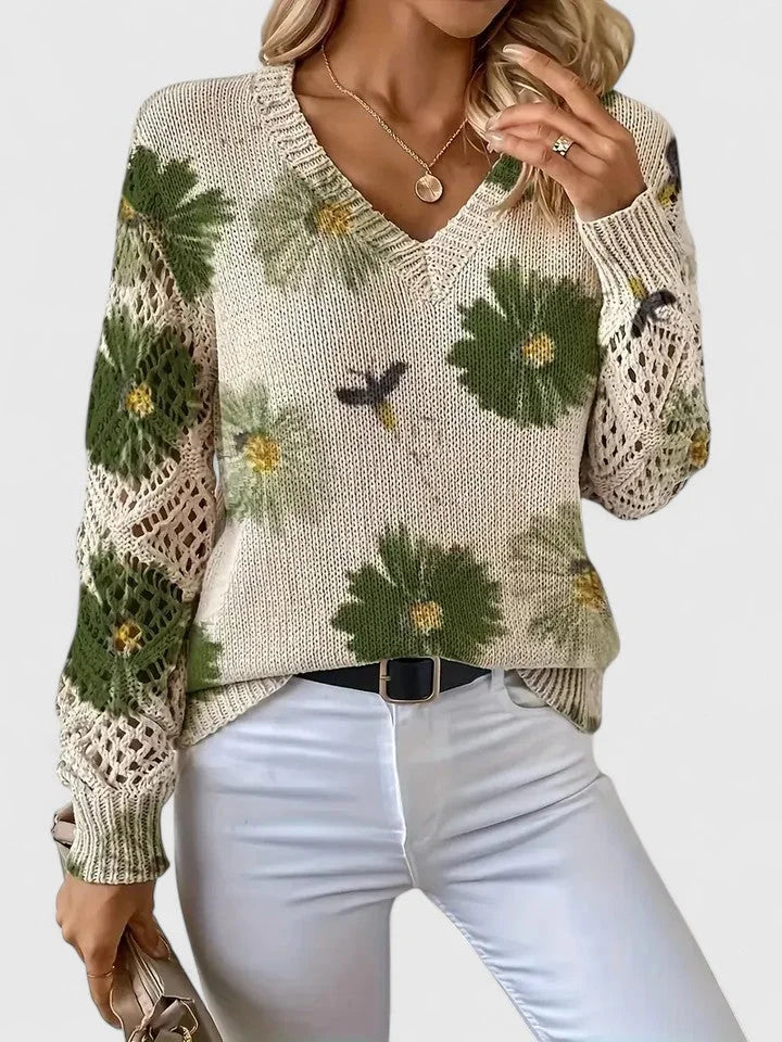 Damenpullover mit Floralmuster und V-Ausschnitt