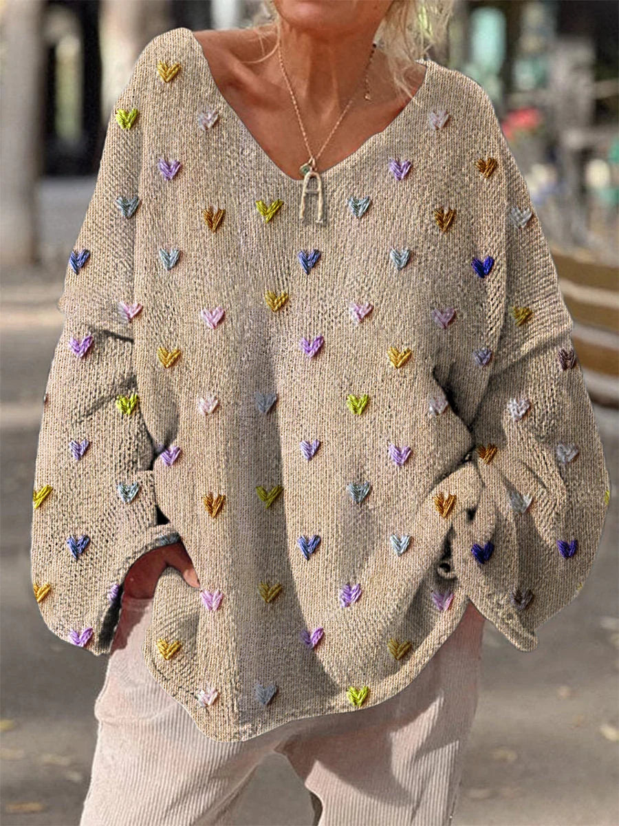 Damen Strickpullover mit bunten Herzmotiven und V-Ausschnitt