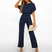 Damen’s Jumpsuit mit kurzen Ärmeln, weitem Bein und Taillenband