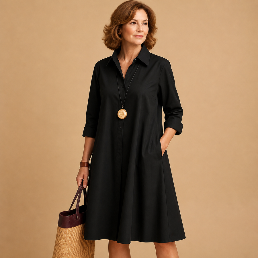 Damen’s Kleid mit Kragen, Knopfleiste, langen Ärmeln und seitlichen Taschen