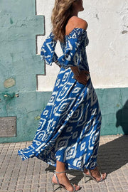 Langes Kleid mit Ethnischer Druck und Off-Shoulder – Bereit für den Urlaub