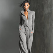 Glitzernder Strick-Jumpsuit mit weitem Bein für Damen | Reißverschluss vorne