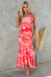 Asymmetrisches Midikleid mit Blumenmuster – Schulterfreies Sommerkleid mit Volant-Saum