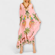 Linda - Elegantes Kleid mit asymmetrischen Schultern und Kokosnussbaum-Muster