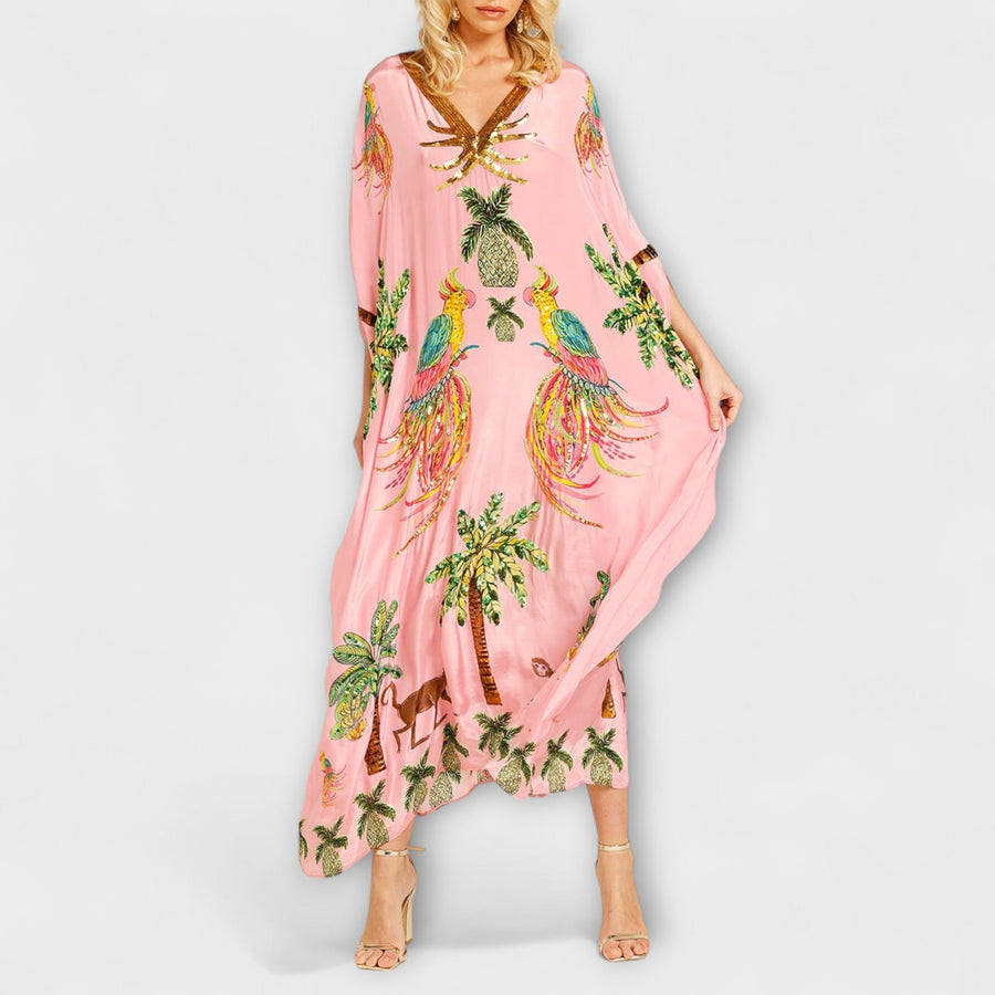 Linda - Elegantes Kleid mit asymmetrischen Schultern und Kokosnussbaum-Muster