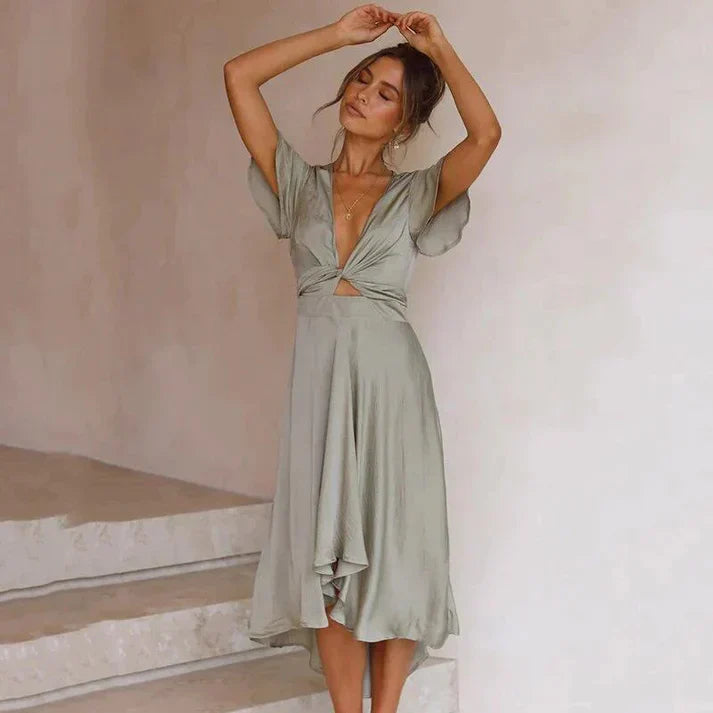 Franzi - Elegantes Wickelkleid aus Seide mit Flügelärmeln und V-Ausschnitt | Schickes Wickelkleid mit V-Ausschnitt und Flatterärmeln