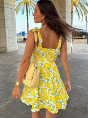 Damen Sommerkleid mit Rüschen – Zitronenprint & V-Ausschnitt