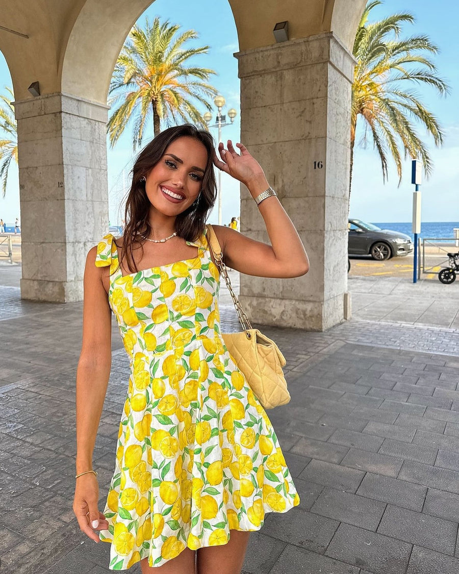 Damen Sommerkleid mit Rüschen – Zitronenprint & V-Ausschnitt