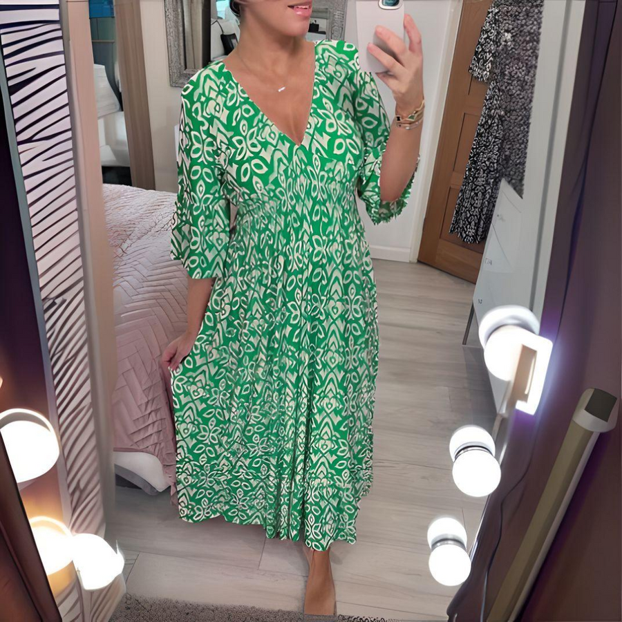 Lockeres Boho-Kleid mit V-Ausschnitt & grafischem Muster – Knöchellang