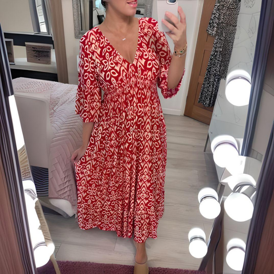 Lockeres Boho-Kleid mit V-Ausschnitt & grafischem Muster – Knöchellang
