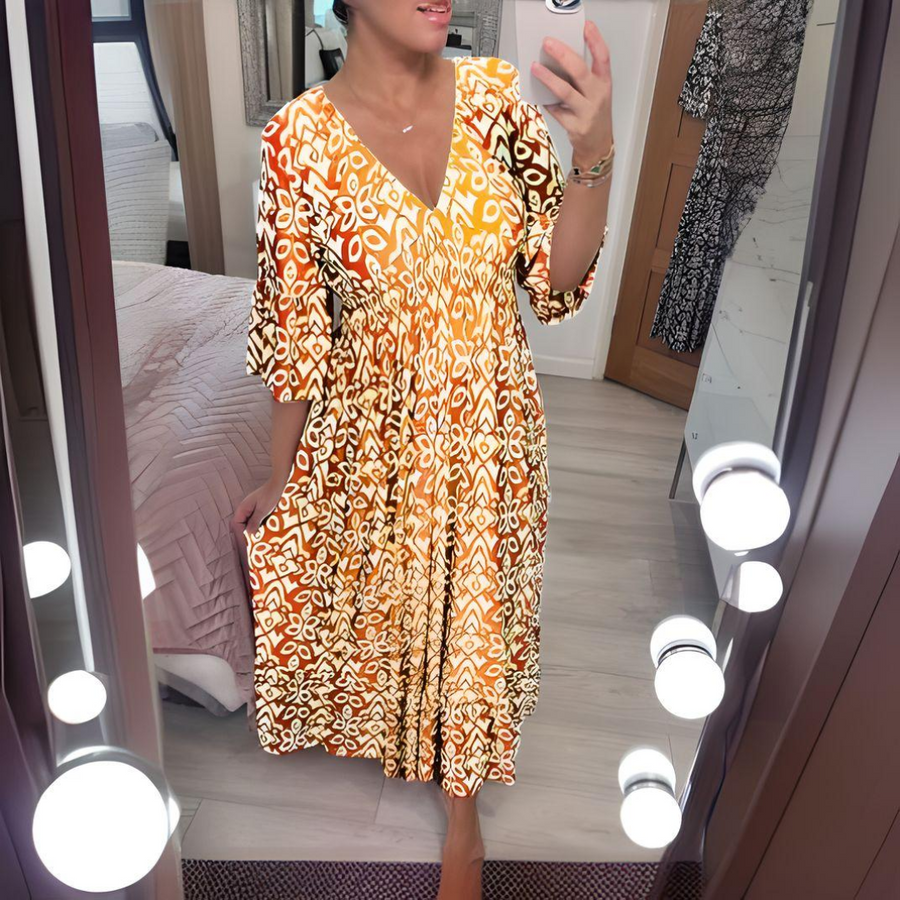 Lockeres Boho-Kleid mit V-Ausschnitt & grafischem Muster – Knöchellang