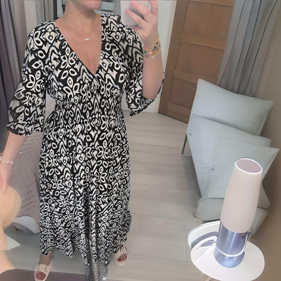 Lockeres Boho-Kleid mit V-Ausschnitt & grafischem Muster – Knöchellang