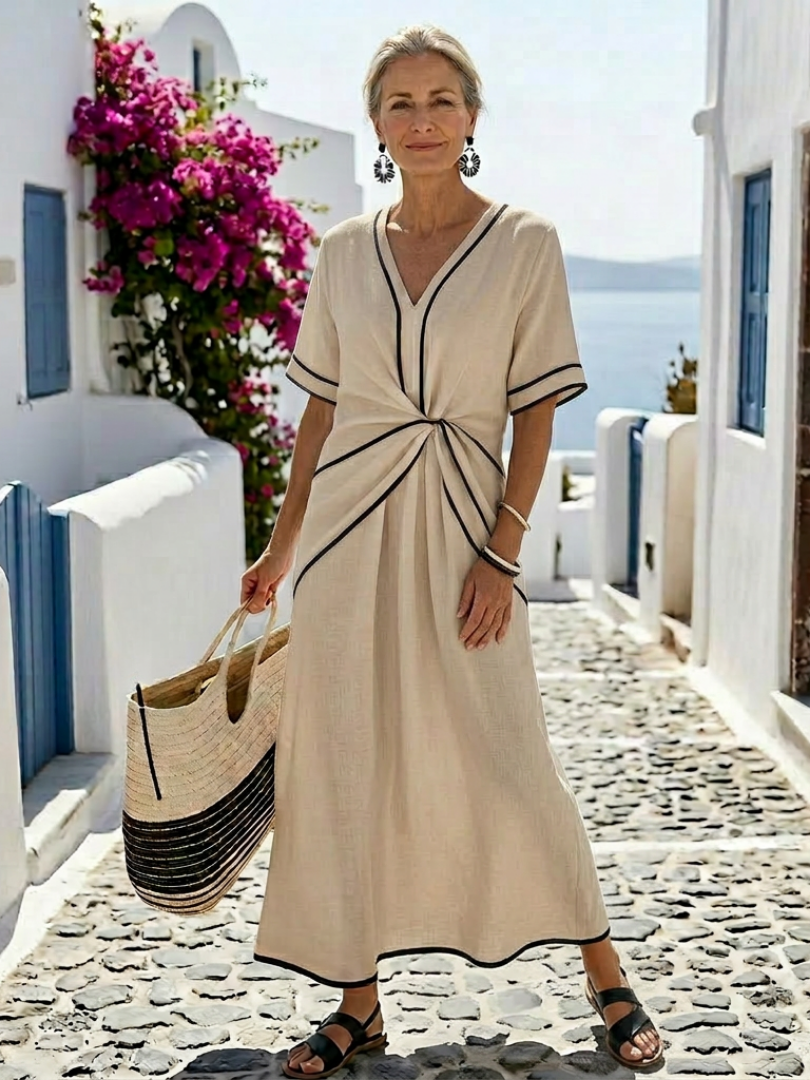 Linnea | V-Ausschnitt Kurzarm Maxikleid Mit Geraffter Taille