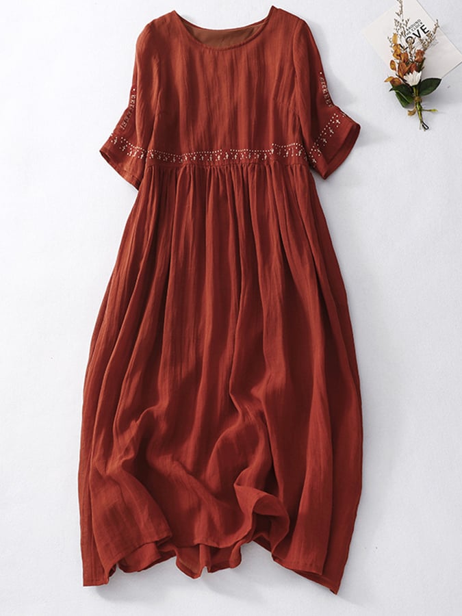 Helene | Damen Besticktes Baumwoll-Leinen Kleid