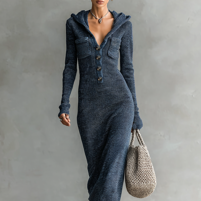Damen-Strick-Maxikleid mit Kapuze