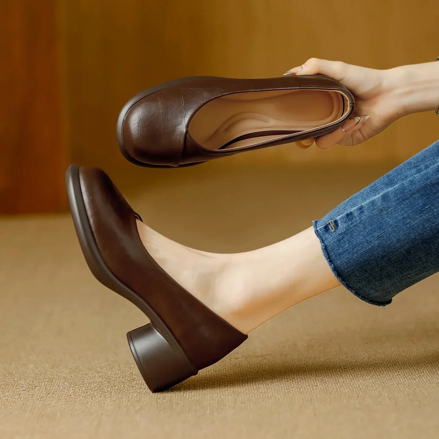 Damen Braune Leder Plateau Pumps Mit Blockabsatz – Stilvolle Heels