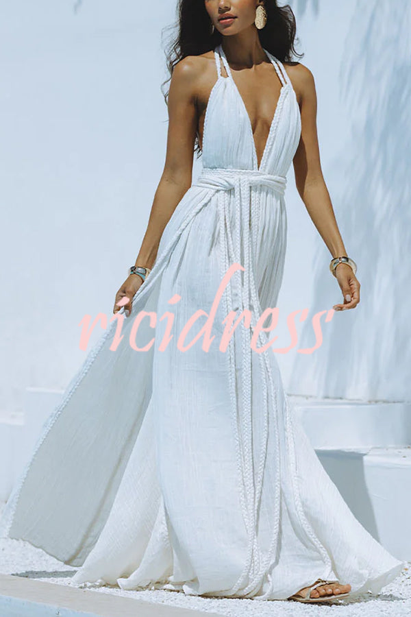 Elegantes Leinenmaxikleid mit tiefem Ausschnitt