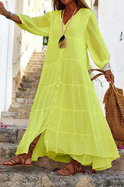 Heidi-Mode | Seraphina Baumwoll-Leinen-Mischung Knopf-Up Gestuftes Maxikleid
