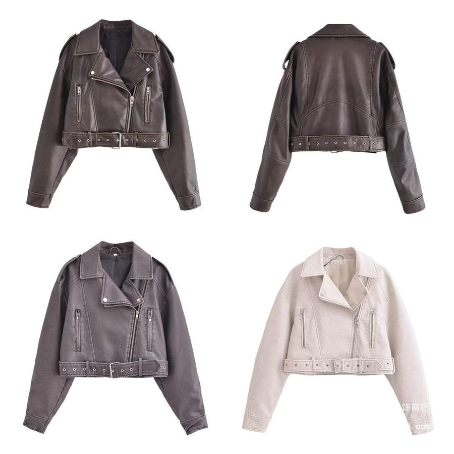Heidi-Mode | Damen PU Motorradjacke mit Reißverschluss und Gürtel