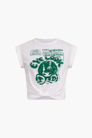 Gracelyn | Hochgekrempelte Ärmel EYE LOOK Grafikdruck Crop-T-Shirt mit Knotendetail