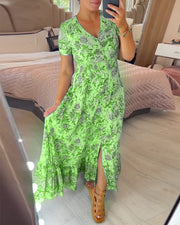 TESSA - LANGES GEMUSTERTES KLEID MIT KNOPFLEISTE