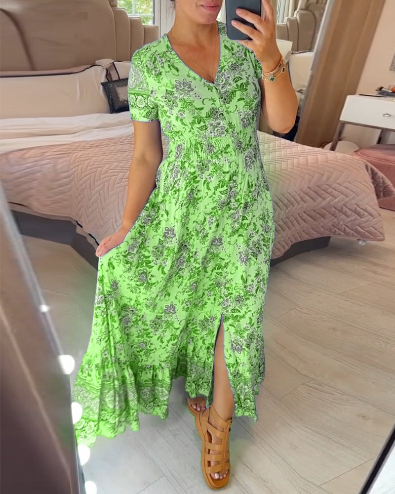 TESSA - LANGES GEMUSTERTES KLEID MIT KNOPFLEISTE