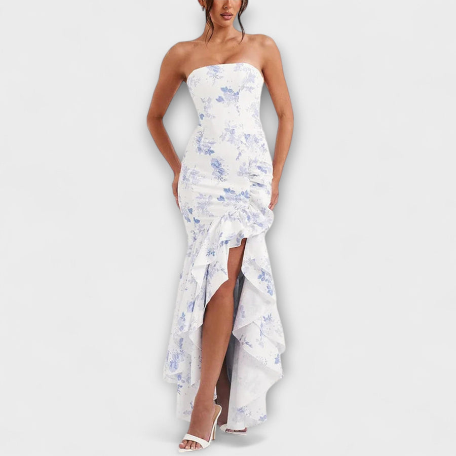 Zuri - Asymmetrisches Off-Shoulder Maxi-Kleid in Slim Fit