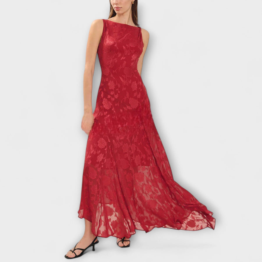 Opal - Elegantes Rückfreies Schnür-Jacquard Maxikleid" can be rewritten as:

"Opal - Stilvolles Rückfreies Schnür-Jacquard Maxikleid