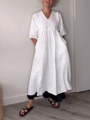 Eva | Damen Lässiges Midikleid V-Ausschnitt Taschen – Casual Sommerkleid Alltag 2026