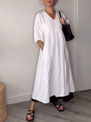 Eva | Damen Lässiges Midikleid V-Ausschnitt Taschen – Casual Sommerkleid Alltag 2026